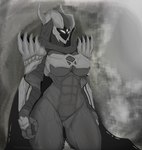 2_horns 3_eyes abs arm_spikes arm_wraps armor big_breasts biped bracers breastplate breasts butt butt_from_the_front cape clothing curvy_figure exoskeleton featureless_crotch female glowing glowing_eyes grey_background grey_body grey_exoskeleton hood horn midriff multi_eye muscular muscular_female natural_armor not_furry pauldron shoulder_spikes simple_background solo spiked_armor spikes spikes_(anatomy) standing thick_thighs unconvincing_armor under_boob white_eyes wide_hips wraps runawaystride destiny_(video_game) destiny_2 sedona_(runawaystride) alien alien_humanoid hive_(destiny) humanoid featureless_(disambiguation) artist_name digital_media_(artwork) digital_painting_(artwork) greyscale hi_res monochrome portrait three-quarter_portrait