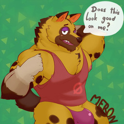 5_fingers anthro blush brown_body brown_fur bulge claws clothed clothing dialogue fingers fur genitals half-closed_eyes hand_behind_head looking_at_viewer male narrowed_eyes nipples open_mouth pattern_background pecs penis penis_base pink_nipples purple_clothing purple_underwear red_clothing red_shirt red_topwear shirt simple_background solo speech_bubble talking_to_viewer tank_top teeth text topwear underwear merong animal_crossing nintendo kyle_(animal_crossing) canid canine canis mammal wolf 1:1 english_text