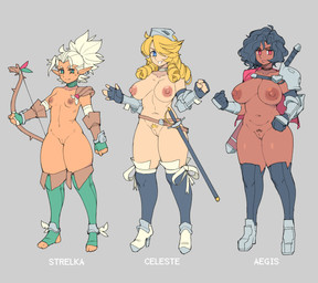 areola armor big_breasts black_hair blonde_hair blonde_pubes blue_eyes bow_(weapon) breasts brown_areola brown_nipples dark_body dark_skin eyelashes female genitals green_eyes grey_background group hair hair_over_eye holding_bow_(weapon) holding_object holding_ranged_weapon holding_weapon melee_weapon mostly_nude navel nipples pink_areola pink_nipples pubes ranged_weapon red_eyes simple_background small_breasts smile sword sword_on_back tan_body tan_skin text thick_thighs trio unconvincing_armor vulva weapon white_hair wide_hips krahe elf human humanoid mammal absurd_res hi_res