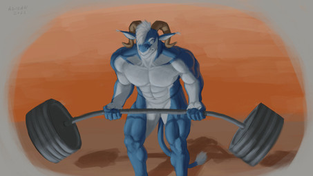 anthro barbell bared_teeth blue_body brown_horn exercise eyes_closed front_view hair horn male muscular muscular_anthro muscular_male short_hair simple_background solo standing tail tail_tuft tuft weightlifting white_body white_hair workout aduran mythology dragon mythological_creature mythological_scalie scalie 2022 absurd_res dated hi_res signature