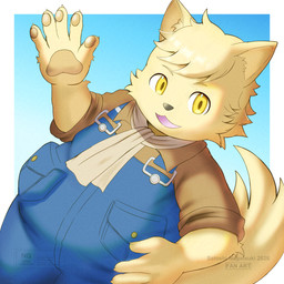 anthro belly clothing fur male overalls overweight pawpads smile solo yellow_body yellow_eyes yellow_fur young young_anthro young_male s_nagatsuki_tw cyberconnect2 fuga:_melodies_of_steel little_tail_bronx boron_brioche domestic_cat felid feline felineko felis mammal absurd_res hi_res