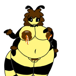 anthro areola arthropod_abdomen belly big_breasts black_body black_fur bodily_fluids breasts brown_hair brown_nipples female fluffy food fur hair honey_(food) lactating multi_arm multi_limb nipples overweight solo thick_thighs yellow_body yellow_fur frutigooner arthropod bee bumble_bee_(species) hymenopteran insect 1:1
