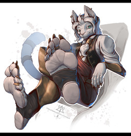 5_fingers 5_toes anthro barefoot black_bars blue_eyes bronze_ring claws clothed clothing digit_ring feet fingers foot_focus footwear fur hair humanoid_feet jewelry light male pawpads paws plantigrade ring socks soles solo stirrup_socks tail toe_ring toes kredri felid feline mammal letterbox lighting shaded