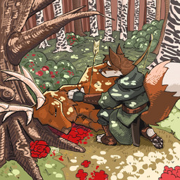 anthro arrow_(weapon) belt bow_(weapon) brown_body brown_fur corpse death duo ears_up eyes_closed feral flower forest fur grass horn hunter kneeling lying male on_side pawpads paws plant ranged_weapon tail tree weapon white_body white_fur mawkvlt hi_res