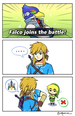 blonde_hair blue_eyes clothing crossed_arms ear_piercing ellipsis fingerless_gloves gesture gloves hair hand_gesture handwear hat headgear headwear humanoid_pointy_ears male master_sword melee_weapon piercing pointing pointy_ears shaking_head shield shirt simple_background square_crossover sword topwear tunic weapon white_background emcee_(artist) breath_of_the_wild nintendo star_fox super_smash_bros. the_legend_of_zelda wind_waker falco_lombardi link revali toon_link avian bird falcon falconid humanoid hylian rito comic pictographics