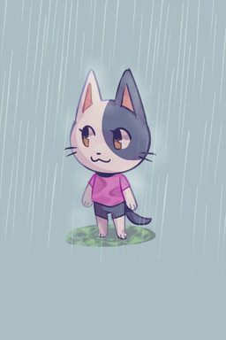 ambiguous_gender anthro black_nose bottomwear brown_eyes closed_smile clothed clothing eyelashes mouth_closed paws raining shirt shorts simple_background smile solo standing tail topwear whiskers white_sclera flavia-elric animal_crossing nintendo domestic_cat felid feline felis mammal 2021 2:3 digital_media_(artwork)