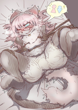 anthro arms_tied bdsm bed begging bloomers blue_eyes blush bodily_fluids bondage bottomwear bound breasts captured clothed clothing collar desperation dialogue digitigrade ear_blush exposed_breasts eyewear feet female fur furniture glasses hair high-angle_view hindpaw kemono legwear lying maid_uniform nipples omorashi on_bed open_mouth paws pink_hair restraints restroom_sign rope rope_bondage small_breasts snot solo spread_legs spreading stockings tears tied_to_bed uniform white_body white_fur mttbsmn domestic_cat felid feline felis mammal absurd_res hi_res pictographics