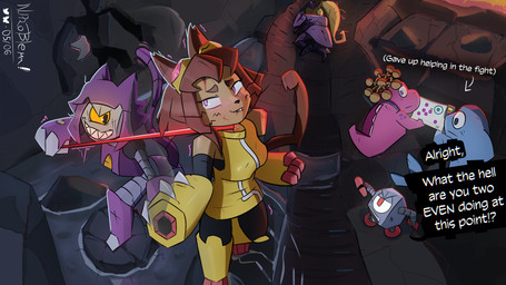 1_eye anthro being_watched biped bite biting_lip blush blush_lines brown_body brown_fur brown_hair clothed clothed_anthro clothed_female clothing collar detailed_background dialogue duo_focus eye_contact eyewear eyewear_on_head facial_scar female female/female female_anthro fight fur goggles goggles_on_head grey_body group hair leash leash_pull leashed_collar looking_at_another male multicolored_body pink_eyes profanity purple_body scar sharp_teeth size_difference snout speech_bubble tail talking_to_another tan_body tan_skin teeth text two_tone_body whiskers yellow_sclera n_problemm gameoverse glitch_productions yamcha_death_pose flappers_(gameoverse) fold_(gameoverse) gobbles_(gameoverse) kaboodle_(gameoverse) kit_bodega malice_(gameoverse) miss_information aquatic cetacean dinosaur dolphin felid feline human mammal paper_creature prehistoric_species reptile robot_anthro scalie toothed_whale 2026 absurd_res dated digital_drawing_(artwork) digital_media_(artwork) english_description english_text hi_res meme signature widescreen