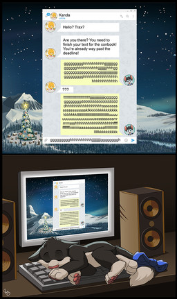 anthro black_body black_border black_fur border chat computer_keyboard computer_monitor eyes_closed fur greeting head_tuft male nude pawpads red_nose red_pawpads sleeping solo text tuft white_body white_fur young young_anthro young_male pandapaco domestic_cat felid feline felis mammal english_text hi_res