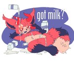 ambiguous_gender anthro bedroom_eyes fur horn humor milk narrowed_eyes pink_body pink_fur red_body red_fur seductive solo swirl_pattern young young_anthro anonymous_artist evadam_kupfermetzger bovid canid canine caprine fox goat hybrid mammal 6:5 hi_res meme nonbinary_(lore)