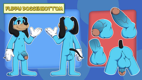 anus balls blue_body bodily_fluids butt clothing erection fur genitals gloves handwear humanoid_genitalia humanoid_penis looking_at_viewer male nude penis smile solo tail text toony nutty_bo toontown toontown_corporate_clash toontown_online toontown_rewritten flippy_doggenbottom canid canine canis domestic_dog mammal hi_res model_sheet