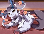 bed featureless_crotch feral fur furniture looking_at_viewer male smug solo underpaw yellow_eyes pridark nintendo pokemon fan_character eeveelution generation_6_pokemon pokemon_(species) sylveon 2022 hi_res