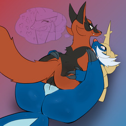 armor black_body black_fur black_nose blue_body blue_tail butt butt_grab claws cute_fangs duo facial_hair fangs female female/female feral feral_on_feral finger_claws fur genitals hand_on_butt headgear heart_symbol helmet pink_nose red_body red_fur red_tail secretly_loves_it sex tail teeth thought_bubble toe_claws tribadism vaginal vulva pinnipip nintendo pokemon generation_5_pokemon generation_8_pokemon pokemon_(species) samurott thievul 1:1