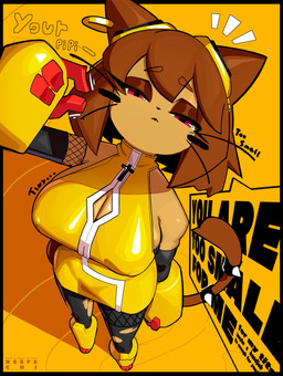 anthro big_breasts breasts brown_body brown_hair clothed clothing dialogue ear_piercing ear_ring emanata eyebrows eyelashes eyewear eyewear_on_head female goggles goggles_on_head hair high-angle_view looking_at_viewer magenta_eyes narrowed_eyes nipple_outline piercing ring_piercing solo thick_thighs whiskers wide_hips nerfechi gameoverse glitch_productions kit_bodega domestic_cat felid feline felis mammal 2026 absurd_res hi_res