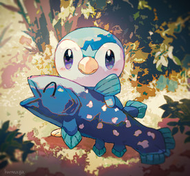 ambiguous_gender beak blue_body blush feral holding_object leaf looking_at_viewer outside plushie solo standing text white_body yellow_beak kuranaga15 nintendo pokemon aquatic coelacanth fish generation_4_pokemon lobe-finned_fish piplup pokemon_(species) 2020 artist_name japanese_description