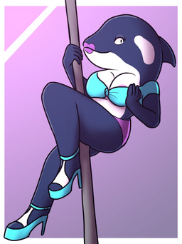 anthro areola areola_slip between_legs big_breasts biped black_body black_skin breasts cleavage clothed clothing crop_top dancing dorsal_fin female fin footwear hand_on_breast high_heels lipstick looking_at_viewer makeup multicolored_body multicolored_skin platform_footwear platform_heels pole pole_between_legs pole_dancing raised_leg shirt shoes smile solo stripper stripper_pole topwear two_tone_body two_tone_skin white_body white_skin unknown_artist bojack_horseman netflix skinny_gina aquatic cetacean dolphin mammal oceanic_dolphin orca toothed_whale hi_res