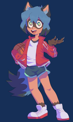 anthro basketball black_hair blue_hair bottomwear brown_body brown_fur claws clothing dipstick_tail dolphin_shorts facial_markings fangs female fingers footwear fur hair head_markings highlights_(coloring) holding_object inner_ear_fluff jacket markings mask_(marking) open_mouth open_smile shirt shoes short_hair shorts smile solo standing tail tail_markings teeth topwear tuft eggy-b-official brand_new_animal studio_trigger michiru_kagemori canid canine mammal raccoon_dog tanuki 2020 alpha_channel hi_res