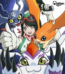 black_hair claws clothing female feral fur gesture green_eyes group gun hair hand_gesture hat headgear headwear male ranged_weapon red_hair smile thumbs_up weapon white_body white_fur wings onigyrii bandai_namco digimon digimon_story:_time_stranger demidevimon digimon_(species) gomamon human mammal patamon absurd_res hi_res