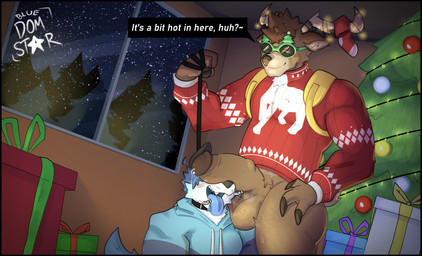 anthro antlers balls big_penis black_border bodily_fluids border bottomless bottomless_male brown_body brown_fur christmas_tree clothed clothing collar dialogue duo erection eyewear foreskin fur genital_fluids genitals gift glans holidays horn leash leash_pull male male/male musk penis penis_on_face plant precum sweat tongue tongue_out tree bluedomstar christmas epic_games fortnite dolph_(fortnite) dom_(bluedomstar) canid canine deer mammal new_world_deer reindeer absurd_res digital_media_(artwork) hi_res