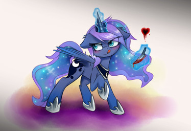 blood blue_body blue_eyes blue_feathers blue_fur bodily_fluids eyelashes feathered_wings feathers female feral fur hooves horn knife magic simple_background solo standing tongue white_background wings magnaluna friendship_is_magic hasbro my_little_pony mythology princess_luna_(mlp) equid equine mammal mythological_creature mythological_equine winged_unicorn hi_res source_request unavailable_at_source