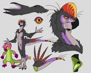 anthro arm_tuft beak black_beak black_claws cheek_tuft claws duo facial_tuft featureless_crotch finger_claws glistening glistening_eyes green_body green_tongue grey_background grey_body hair male markings mouth_closed nude open_mouth pink_hair pink_stripes purple_body red_sclera shoulder_tuft simple_background standing striped_arms striped_legs striped_markings striped_tail stripes tail tail_markings tongue tuft unsigned yellow_eyes swampjaws compsognathid compsognathus dinosaur oviraptor oviraptorid oviraptorosaur prehistoric_species reptile saurischian scalie theropod absurd_res hi_res model_sheet
