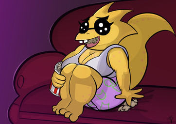 3_toes anthro big_breasts big_tail big_toes bodily_fluids boxers_(clothing) breasts clothing crying eating eyewear feet female food freckles furniture glasses overweight overweight_female popcorn shirt slightly_chubby sofa solo tail tank_top tears toes toony topwear underwear yellow_body amespinkinson undertale_(series) alphys monster scalie absurd_res hi_res