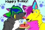 anthro birthday blush bodily_fluids cake candle dessert duo female food happy_birthday licking male paws sweat tongue tongue_out unknown_artist moonstar_wolf canid canine canis mammal wolf