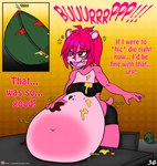 2018 absurd_res anthro bear belly big_belly bottomwear bowl breasts burping clothing comic container deep_navel english_text female fur hair hand_on_belly hi_res mammal multicolored_body multicolored_fur navel obese open_mouth overweight pink_hair raspberry_(viroveteruscy) red_eyes solo sound_effects stuffing text topwear two_tone_body two_tone_fur url viroveteruscy warning_cream_filled weight_gain