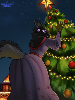anthro black_body black_eyes black_fur black_tail butt christmas_decorations christmas_lights christmas_star christmas_tree clothing detailed_background dress female fur grey_tail holding_tree holidays looking_at_viewer machine multicolored_tail night plant protogen_face protogen_visor purple_clothing purple_dress purple_face sky solo spruce tail tree xleb0rezka christmas new_year new_year_2024 protogen 2023 3:4 digital_drawing_(artwork) digital_media_(artwork) hi_res watermark