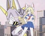 anthro blonde_hair clothing collar duo female female/female fur hair kemono legwear machine mecha school_uniform standing stockings uniform white_body white_eyes white_fur yellow_eyes kemonoyao sayu_(kemonoyao) canid canine fox mammal robot 5:4 hi_res