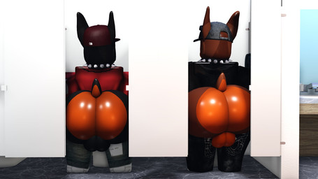 anthro balls bathroom big_balls big_butt black_body black_bottomwear black_clothing black_collar black_ears black_fur black_hat black_headwear black_jacket black_pants black_tail black_topwear bottomwear bottomwear_down brown_body brown_clothing brown_ears brown_fur brown_hat brown_headwear brown_tail butt clothed clothing collar duo fur genitals grey_bottomwear grey_clothing grey_pants hat headgear headwear jacket male multicolored_body multicolored_ears multicolored_fur pants pants_down partially_clothed public_restroom rear_view red_clothing red_jacket red_topwear restroom_stall spiked_collar spikes standing tail thick_thighs topwear two_tone_body two_tone_ears two_tone_fur two_tone_tail willie_piv roblox canid canine canis dobermann domestic_dog mammal pinscher robloxian 2025 3d_(artwork) digital_media_(artwork) hi_res