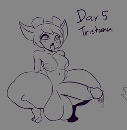 ahegao anthro balls big_balls big_breasts bodily_fluids breasts crouching cum cumshot ejaculation genital_fluids genitals glans grey_background gynomorph hands_behind_back intersex looking_pleasured navel nipples nude_gynomorph open_mouth orgasm penis simple_background solo spread_legs spreading tiptoes tongue tongue_out ally_cream league_of_legends riot_games tencent tristana_(lol) mammal yordle animated hi_res monochrome