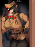 anthro antlers bangs belt big_breasts black_hair bottomwear breasts breath brown_body brown_fur clothed clothing female fully_clothed fur hair hat headgear headwear horn kemono mistletoe pants plant solo standing_in_doorway taphris deer mammal new_world_deer reindeer 3:4 absurd_res hi_res