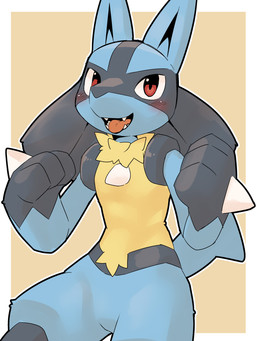 3_fingers ambiguous_anthro ambiguous_gender anthro biped black_body black_fur black_inner_ear black_markings blue_body blue_fur blue_tail blush blush_lines border chest_spike facial_markings fangs featureless_crotch fingers fur glistening glistening_eyes gloves_(marking) hand_spike head_markings looking_at_viewer markings multicolored_body multicolored_fur neck_tuft nude nude_ambiguous nude_anthro open_mouth open_smile orange_background outline outside_border pointy_ears prick_ears red_eyes simple_background smile smiling_at_viewer solo spikes spikes_(anatomy) tail teeth tongue tongue_out tuft white_border white_outline yellow_body yellow_fur pu_sukebe nintendo pokemon canid canine generation_4_pokemon lucario mammal pokemon_(species) 2025 3:4 digital_drawing_(artwork) digital_media_(artwork) hi_res