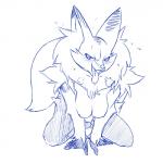 1:1 2017 anthro biped blue_and_white bodily_fluids breasts breath cute_fangs delphox fakemon female generation_6_pokemon hi_res inner_ear_fluff kneeling looking_at_viewer monochrome naughty_face nintendo nipple_outline open_mouth open_smile plagueofgripes pokemon pokemon_(species) pokemorph regional_form_(pokemon) simple_background smile solo suggestive sweat tongue tongue_out tuft white_background