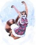 anthro barefoot biped bottomwear brown_body brown_fur brown_hair brown_nose cape clothed clothing day dress eyes_closed feet female fluffy fluffy_tail fur hair happy holidays jumping long_hair markings open_mouth outside paws plant simple_background skirt sky smile snow snowing solo tail tongue tree cainethelongshot giddy christmas madeline_(cainethelongshot) mammal procyonid raccoon 2016 4:5 hi_res