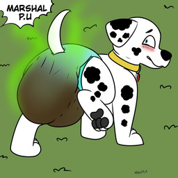 big_diaper blue_diaper blue_eyes blush blush_lines collar diaper embarrassed feces feral fur male markings nervous nervous_smile paws raised_tail smile soiled_diaper soiling solo speech_bubble spots spotted_body spotted_fur stink_fumes stink_lines surprised tail text toony unclean_diaper used_diaper white_body white_fur yourfur paw_patrol marshall_(paw_patrol) canid canine canis dalmatian domestic_dog mammal 1:1 hi_res