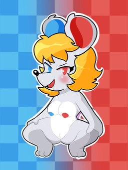 anthro areola black_nose blonde_hair blue_areola blue_background blue_eyes blue_nipples blush breasts checkered checkered_background crouching eyelashes feet female front_view fur genitals grey_body grey_fur hair looking_at_viewer mismatched_nipples nipples nude open_mouth open_smile pattern_background red_areola red_background red_eyes red_nipples simple_background smile solo thick_thighs vulva white_body white_fur wide_hips heyomaerow animal_crossing nintendo petri_(animal_crossing) mammal mouse murid murine rodent 3:4 hi_res