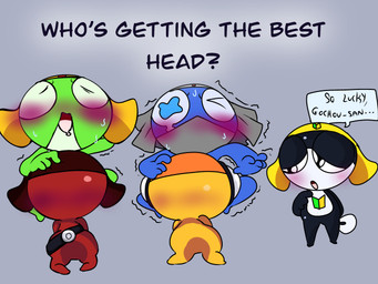 anthro blowing blush dialogue eyes_closed kneeling kneeling_oral_position male male/male male_penetrated male_penetrating male_penetrating_male open_mouth penetration rear_view sex simple_background text yeetymcbeet sgt._frog who's_getting_the_best_head? dororo_(sgt._frog) giroro keroro kururu tamama amphibian frog keronian 4:3 digital_media_(artwork) english_text hi_res meme