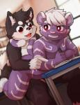 anthro band-aid bandage belly black_body black_fur countershading duo fur hair kemono male male/male nude open_mouth purple_body purple_fur red_eyes shota smile teeth tongue tongue_out white_belly white_body white_fur white_hair young young_anthro young_male darkmagic yeeta_the_puppy canid canine canis domestic_dog felid mammal pantherine tiger absurd_res hi_res