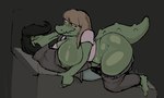 anthro areola big_breasts big_butt breasts butt clothing duo eyewear female female/female glasses jacket kissing masturbation nipples topwear hallowmob later_alligator joanie_(later_alligator) tin_lizzy_(later_alligator) alligatorid crocodilian humanoid reptile scalie hi_res