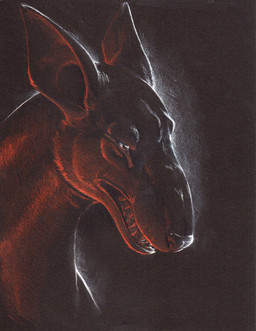 dark feral grin male semi-anthro sharp_teeth smile solo teeth hibbary canid canine mammal bust_portrait dark_theme portrait restricted_palette