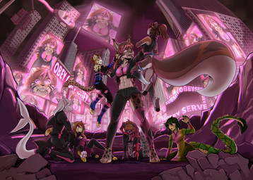 abs alternate_species anthro black_hair bottomwear bra breasts brown_body brown_fur brown_hair chokehold city city_background clothed clothed_anthro clothed_female clothed_male clothing dorsal_fin fangs female fin fluffy fluffy_tail fur glowing glowing_eyes green_body green_fur grey_body grey_fur group hair highlights_(coloring) hypnosis kneeling larger_anthro larger_female legwear male markings midriff mind_control multicolored_body multicolored_hair navel orange_hair pants pawpads pink_eyes pink_highlights sabertooth_(anatomy) size_difference smaller_anthro smaller_female smaller_male sports_bra spots spotted_body spotted_fur superhero supervillain tail tail_fin tan_body teeth thigh_highs two_tone_body two_tone_hair underwear white_body white_hair yellow_body yellow_fur scarlet-frost amani-hearts_desire ash_(ashkelling) jenny_(ashkelling) kiyn_(kiynatonis) mina_(chessolutions) stormwave_(character) zaide_(ashkelling) aquatic felid feline fish leopard lynx mammal pantherine reptile rodent scalie sciurid shark snake snow_leopard tiger tree_squirrel 2026 hi_res