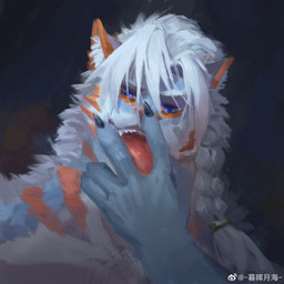 anthro black_claws blue_body blue_eyes blue_fur braided_hair claws cunnilingus_gesture fangs finger_claws front_view fur gesture hair looking_at_viewer male male_anthro markings messy_hair open_mouth orange_markings red_tongue solo suggestive suggestive_gesture teeth tongue tongue_out white_body white_fur white_hair awaldkize canid canine mammal 1:1 absurd_res bust_portrait hi_res icon portrait