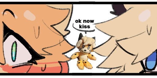 anthro blue_eyes bodily_fluids dialogue duo female green_eyes male male/female plushie simple_background surprised sweat white_background shiyaa_stuff niles_(caeleste) patience_(caeleste) felid feline mammal serval