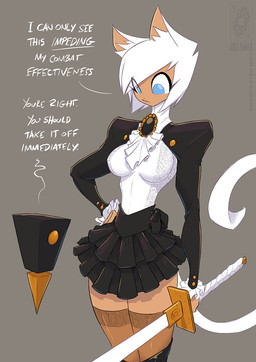 ambiguous_gender blue_eyes bottomwear clothing dialogue duo female frilly fur hair legwear machine melee_weapon miniskirt skirt stockings sword tan_body tan_skin text weapon white_body white_fur white_hair conditional_dnp jollyjack mew-me_(jollyjack) animal_humanoid cat_humanoid felid felid_humanoid feline feline_humanoid humanoid mammal mammal_humanoid robot 2026 english_text
