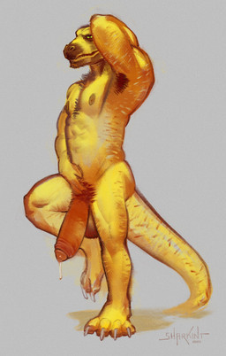 4_toes armpit_hair balls bodily_fluids body_hair claws dripping feet genital_fluids genitals green_eyes male nipples penis precum precum_drip pubes solo tail thick_penis toe_claws toes yellow_body yellow_skin sharkinthepark dinosaur prehistoric_species reptile scalie 2025 absurd_res hi_res