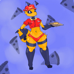 3_toes antennae_(anatomy) anthro arthropod_abdomen barefoot black_body black_sclera breasts clothed clothing container crop_top digitigrade feet female food fur hand_on_hip hat headgear headwear holding_container holding_object holding_pizza_box medium_breasts midriff multicolored_body name_tag navel navel_piercing open_mouth panties pantsless pear-shaped_figure piercing pizza pizza_box pockets pupils red_clothing red_crop_top red_hat red_headwear red_panties red_shirt red_topwear red_underwear shirt snout solo standing thick_thighs toes topwear two_tone_body underwear white_pupils wide_hips yellow_body yellow_fur payules pizza_bee_(xexeezy) arthropod bee hymenopteran insect 1:1 digital_media_(artwork) full-length_portrait portrait
