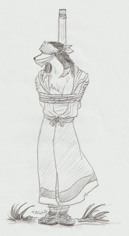 ankles_tied anthro arms_tied asian_clothing bdsm bondage bound chest_tuft clothing east_asian_clothing footwear gag gagged grass japanese_clothing male plant pole restraints robe rope rope_bondage sandals shoes snout socks socks_with_sandals solo standing tabi_socks tuft eternal.knot breath_of_fire capcom scias canid canine canis domestic_dog mammal 2023 black_and_white dated hatching_(art) hi_res monochrome shaded signature sketch traditional_media_(artwork)