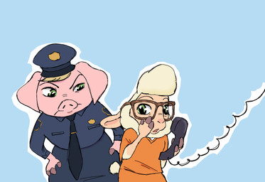 accessory anthro clothing duo electronics female fur green_eyes hooves necktie phone phone_call police police_uniform prison_uniform uniform white_body white_fur white_wool wool_(fur) wool_hair miss-ewe3479 disney zootopia dawn_bellwether dmv_pig_(zootopia) bovid caprine domestic_pig mammal sheep suid suine sus_(pig) hi_res